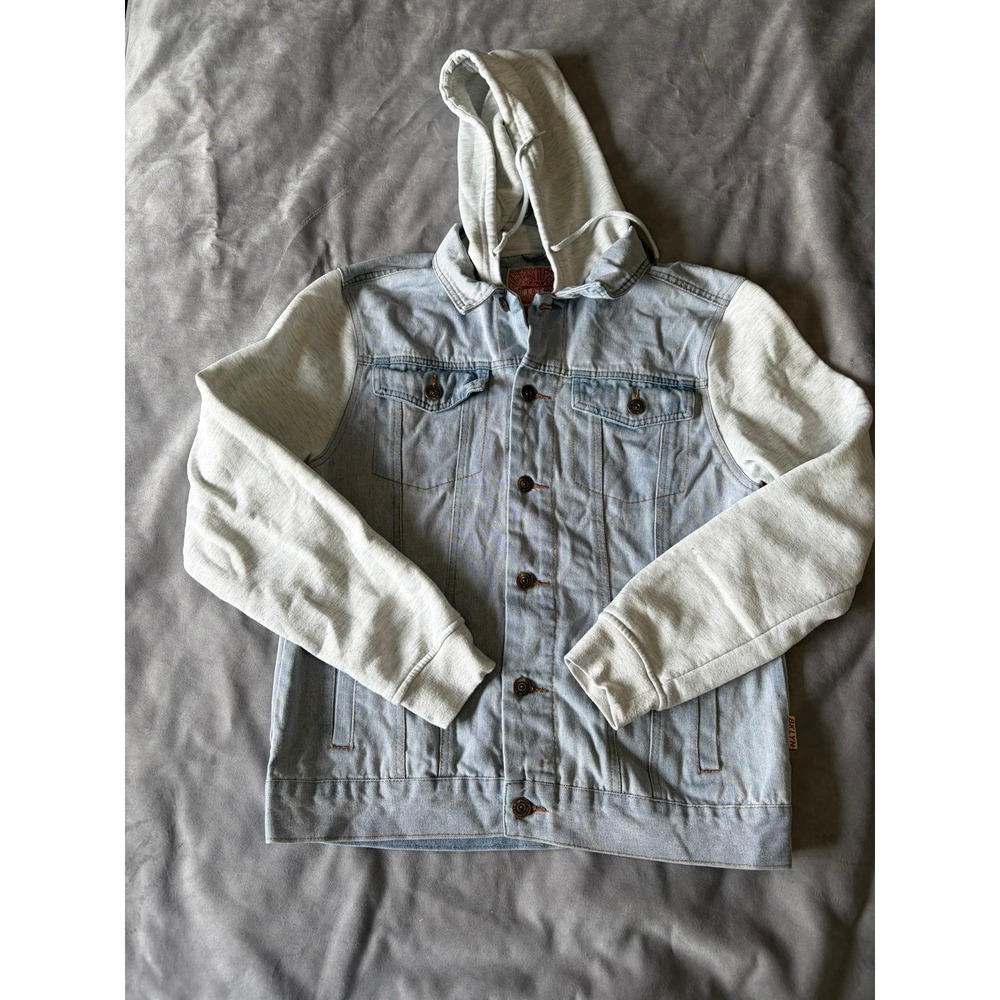 Brooklyn Cloth Mens Denim Jacket Hoodie Light Wash Grey Jersey Sleeve Medium
